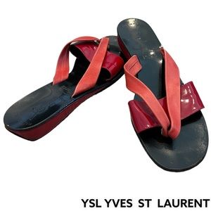 Yves Saint Laurent 80s Red Patent Sandals Flat Thong​ YSL Designer Shoes